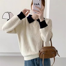 撞色polo领欧根纱针织衫女欧洲站2025秋装新款欧货女装毛衣打底衫
