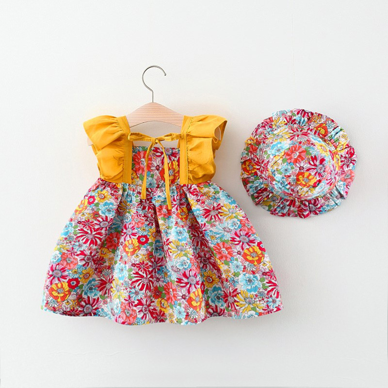 New Floral Fly Sleeve Dress For Girls Korean Fly Sleeve Stitched Princess Dress