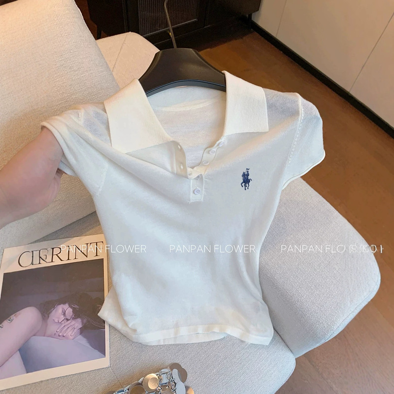 Small horse embroidered polo collar short-sleeved knit top for women, summer white, old money style, slimming, versatile, and elegant Small horse embroidered polo collar short-sleeved knit top for women, summer white, old money style, slimming, versatile, and elegant