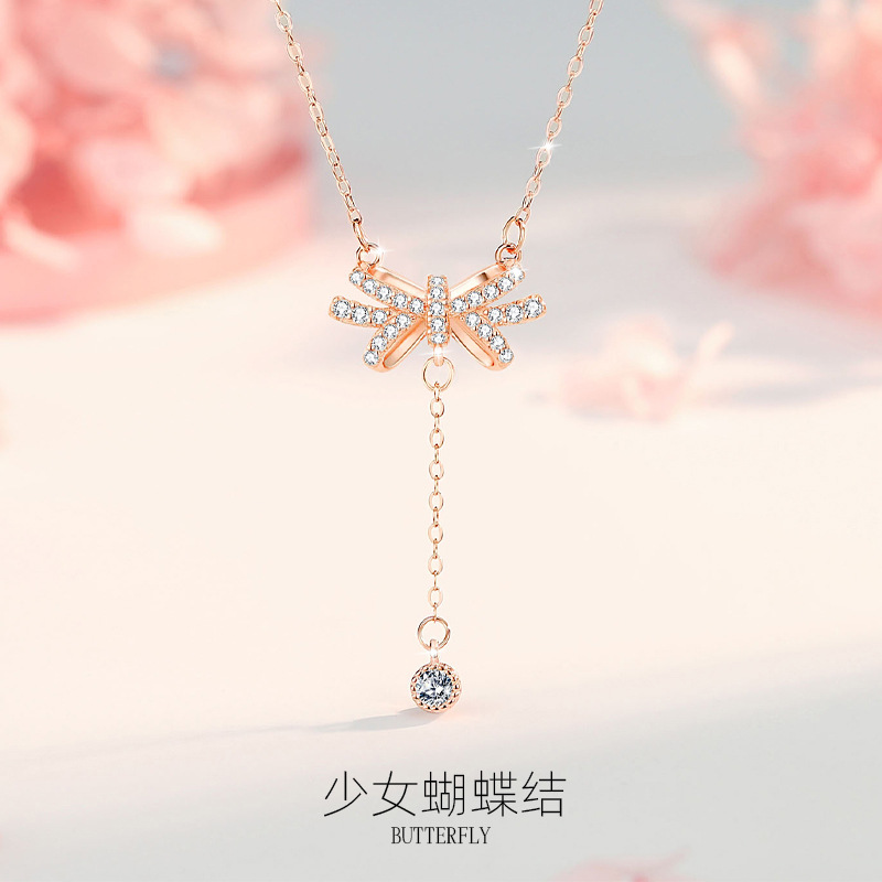 S925 plata con diamantes, lazo de niña, collar con borlas, temperamento fresco pequeño, diseño de moda salvaje, cadena de clavícula