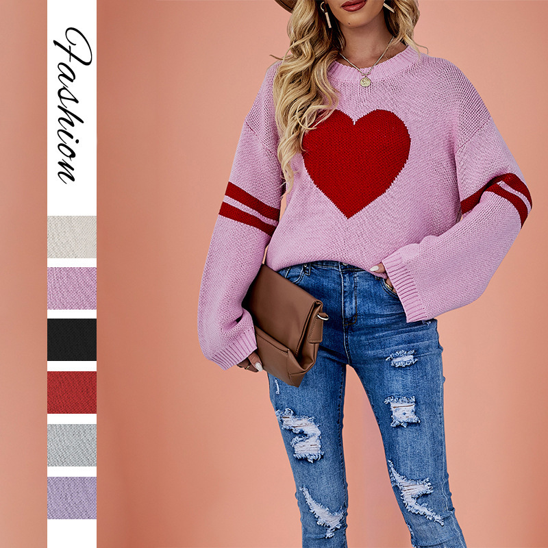 2026 Cross-Border Autumn and Winter Women's Amazon Temu Hot-Selling Sweater with Contrasting Color Heart-Shaped Round Neck Knitwear Valentine's Day Style
