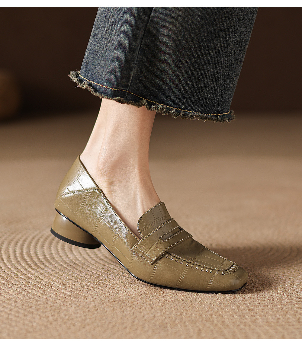 Giày loafer nữ da dê mũi vuông gót thấp cổ điển — đen chi tiết 14