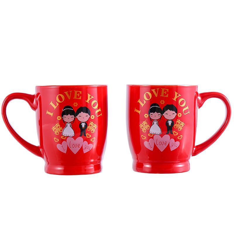 两个装结婚红色陶瓷口杯婚庆用品新人洗漱杯创意情侣杯子一对