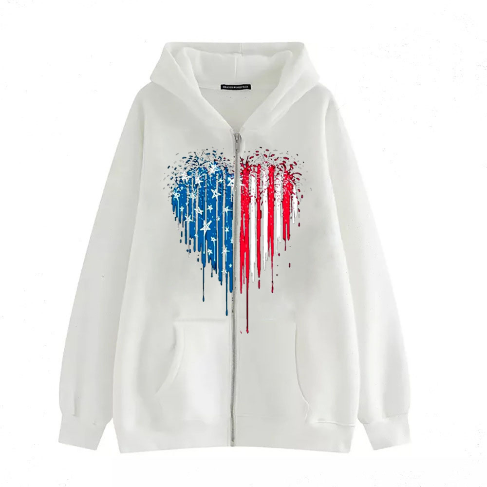 2022亚马逊女装拉链卫衣秋冬抓绒星条旗连帽衫欧美潮流爆款外套