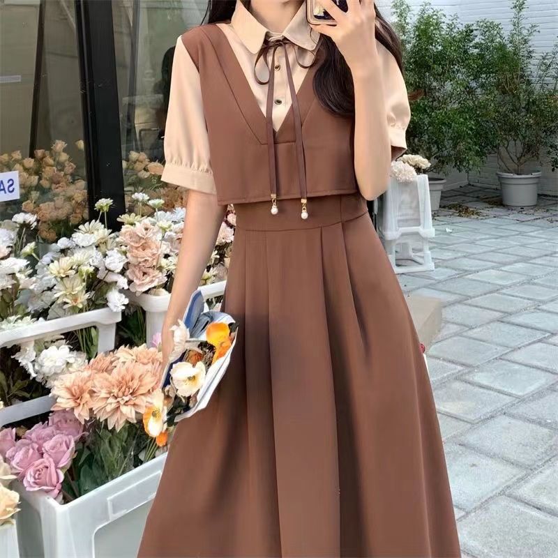 Junior High School Students and High School Students Fake Two-Piece Dress High School Students Graduation Clothing Waist Slimming College Style Dress for Women