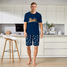 跨境希音temu亚马逊外贸专供男士睡衣套装老虎印花蓝色成人家居服