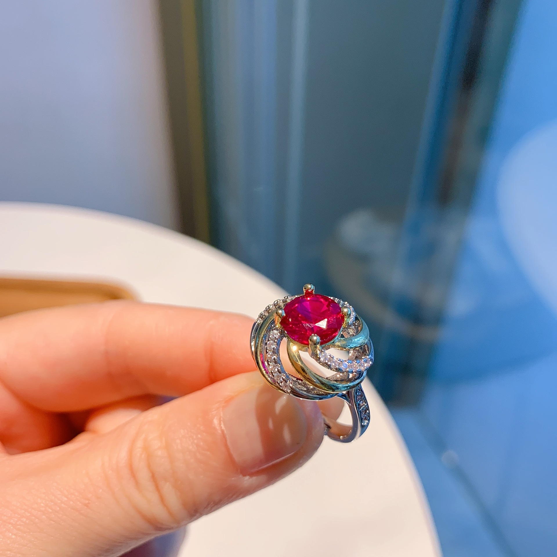 Retro Color Block Copper Gold Plated Inlay Rhinestones Open Ring