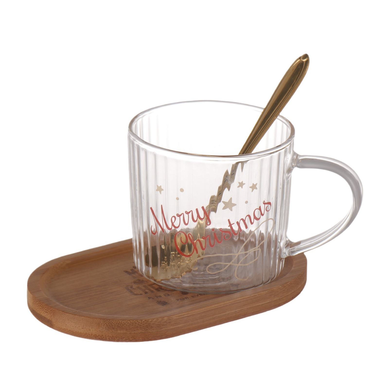Tazas de vidrio personales creativas, plato de té de la tarde, taza de café inglesa de Navidad, taza de agua con cucharas de madera