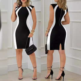 2023夏季新款欧美风外贸女装撞色无袖圆领拼接拉链性感修身连衣裙