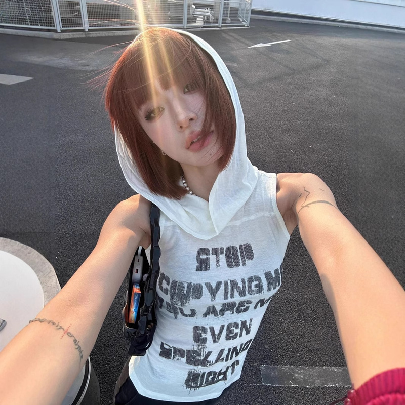 American Style Retro Y2K Sexy Spice Girl Functional Hooded Sleeveless Slim-Fit Top Women's Summer Perspective Slim Vic T-Shirt