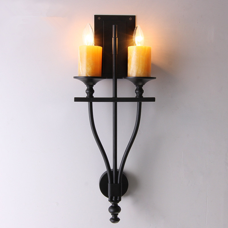 American country living room wall lamp aisle retro double-headed marble candle iron black creative bedroom bedside wall lamp
