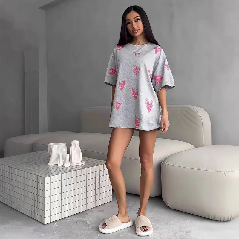 Summer Age-reducing Personality Stylish Loose All-match American Style Love Printing Cute European and American Style Pure Cotton Short-sleeved T-shirt Trendy