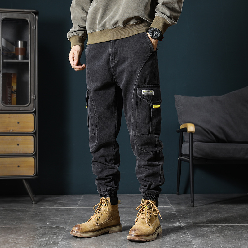 秋冬牛仔裤子男韩版宽松系绳松紧带束脚学生潮流百搭哈伦显瘦大码|ms