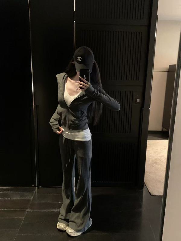 021ope修身运动休闲套装女百搭收腰显瘦连帽卫衣长袖外套微喇长裤|undefined