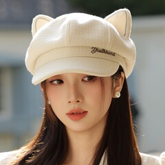 秋季新款可爱猫耳朵复古八角帽休闲百搭画家帽户外鸭舌字母贝雷帽