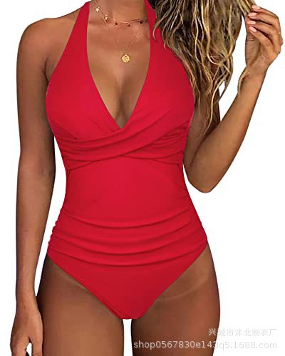 2024 Amazon Sexy traje de baño de una pieza de contracción del vientre de las mujeres Halter push up traje de baño