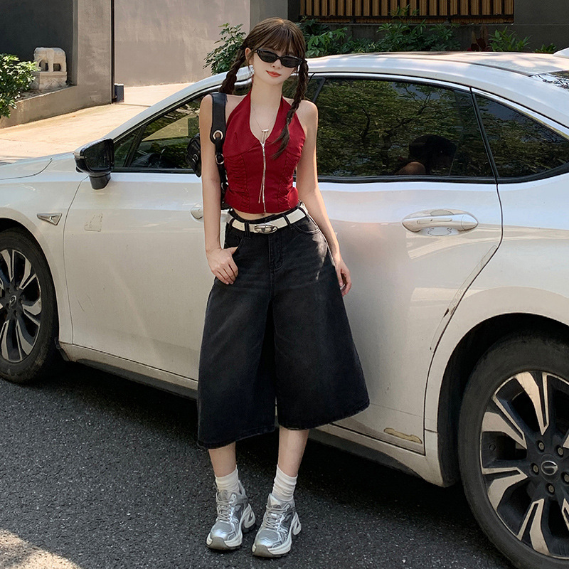 Yunheyu·Thirteen Lines Black Gray Distressed Cropped Jeans Women's Holiday Style High Waist Loose High Street Mid-Pants