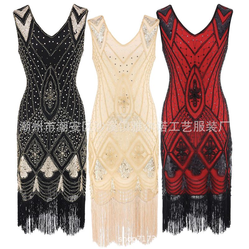 1920 retro sequins nail bead dress dress banquet party stage small dress cross border Amazon