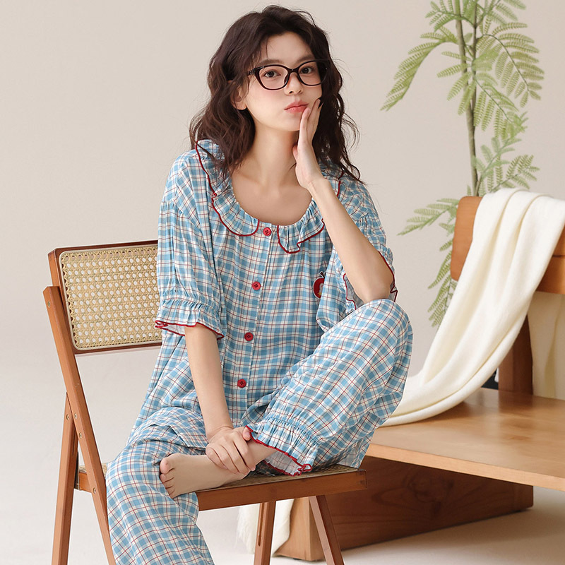 Summer Pure Cotton Women's Pajamas, Cardigan, Short-Sleeved Trousers, Two-Piece Set, Sweet Doll Collar, Large Size Casual Home Wear Summer Pure Cotton Women's Pajamas, Cardigan, Short-Sleeved Trousers, Two-Piece Set, Sweet Doll Collar, Large Size Casual Home Wear
