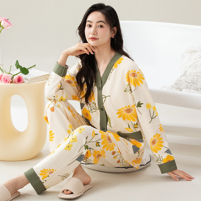 Loose Women's Comfortable Long Sleeve plus size Spring/Autumn Pajamas suit V-Neck Kimono Casual Home Clothes for Autumn and Winter Loose Women's Comfortable Long Sleeve plus size Spring/Autumn Pajamas suit V-Neck Kimono Casual Home Clothes for Autumn and Winter