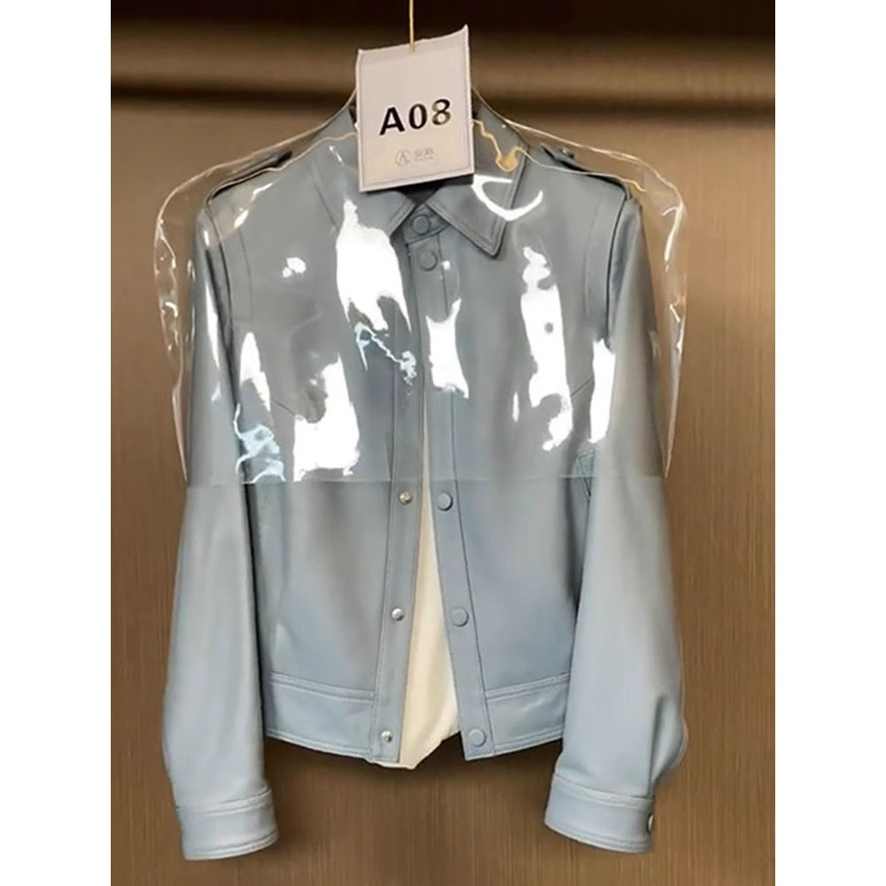 European goods, foreign style, high-end feeling, super good-looking, chic, early autumn, chic, sweet and cool, very fairy, small fragrant, blue leather coat for women