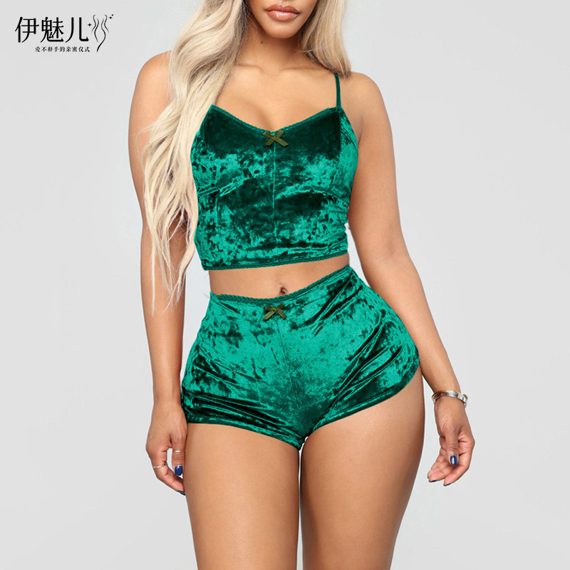 Comercio exterior transfronterizo sexy Lencería europea y americana terciopelo dorado sexy pantalones cortos de la Liga de las mujeres pijamas conjunto de dos piezas T1797