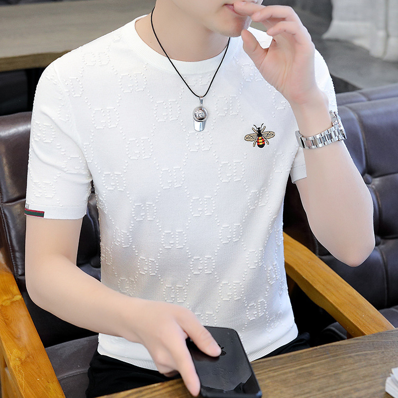 Knitted Short-Sleeved T-Shirt Men's Summer Little Bee Embroidered Ice Silk Round Neck Top Slim Cool Half-Sleeved Body T-Shirt Thin