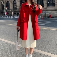 双面呢子大衣女中长款2025秋冬新款韩版小个子双排扣红色毛呢外套