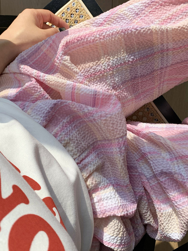 韓国風チェック柄パンツレディース夏薄手ハイウエスト小柄カジュアルワイドレッグパンツスリムドレープストレートパンツ|undefined