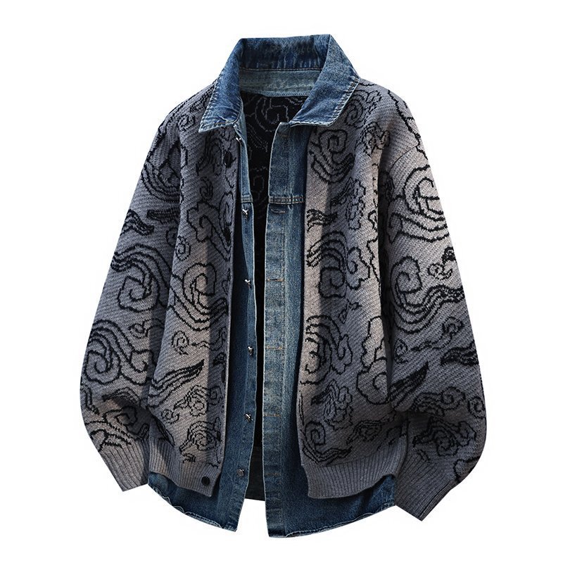 New Two-Piece Sweater Cardigan Loose Men's Autumn and Winter Denim Knitted Sweater Casual Splicing Jacket