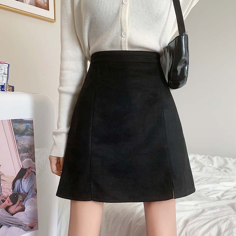 GraceChic GraceChic GraceChic 2023 Autumn Winter High Waist Split Suede Velvet Midi Plus Size Slimming A-line Bodycon Versatile Black Short Skirt_voghion.com