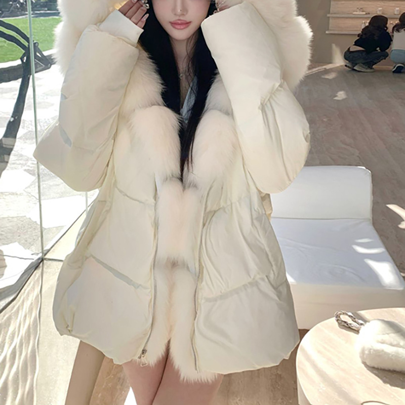 겨울 새로운 여우 모피 칼라 90 벨벳 다운 재킷 긴 따뜻한 분위기 패션 다용도 코트 여성