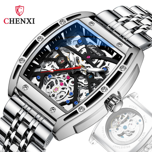 CHENXI/CHENXI mechanical watch men's live barrel-shaped hollow fully automatic mechanical watch Richard's same style men's watch