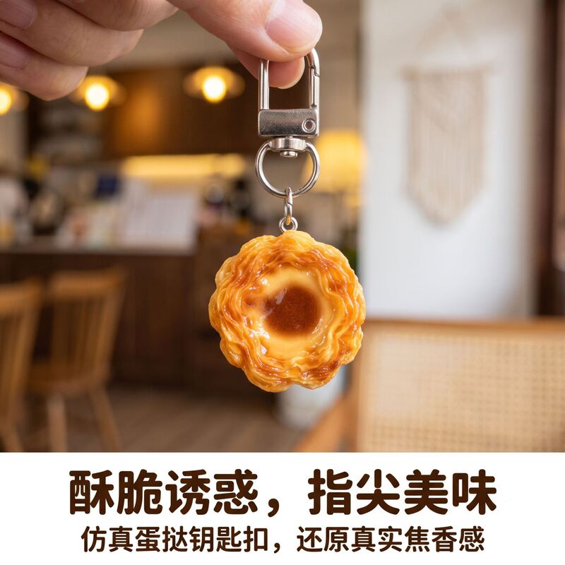 Super realistic egg tart keychain bag pendant accessory, hanging chain, zipper decoration, simulated food car pendant decoration