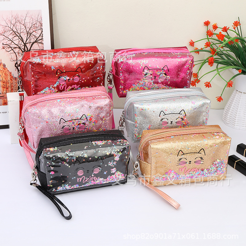 Bolsa de cosméticos con letras de lentejuelas estilo k, bolsa de almacenamiento de viaje para artículos de tocador y cosméticos de dibujos animados