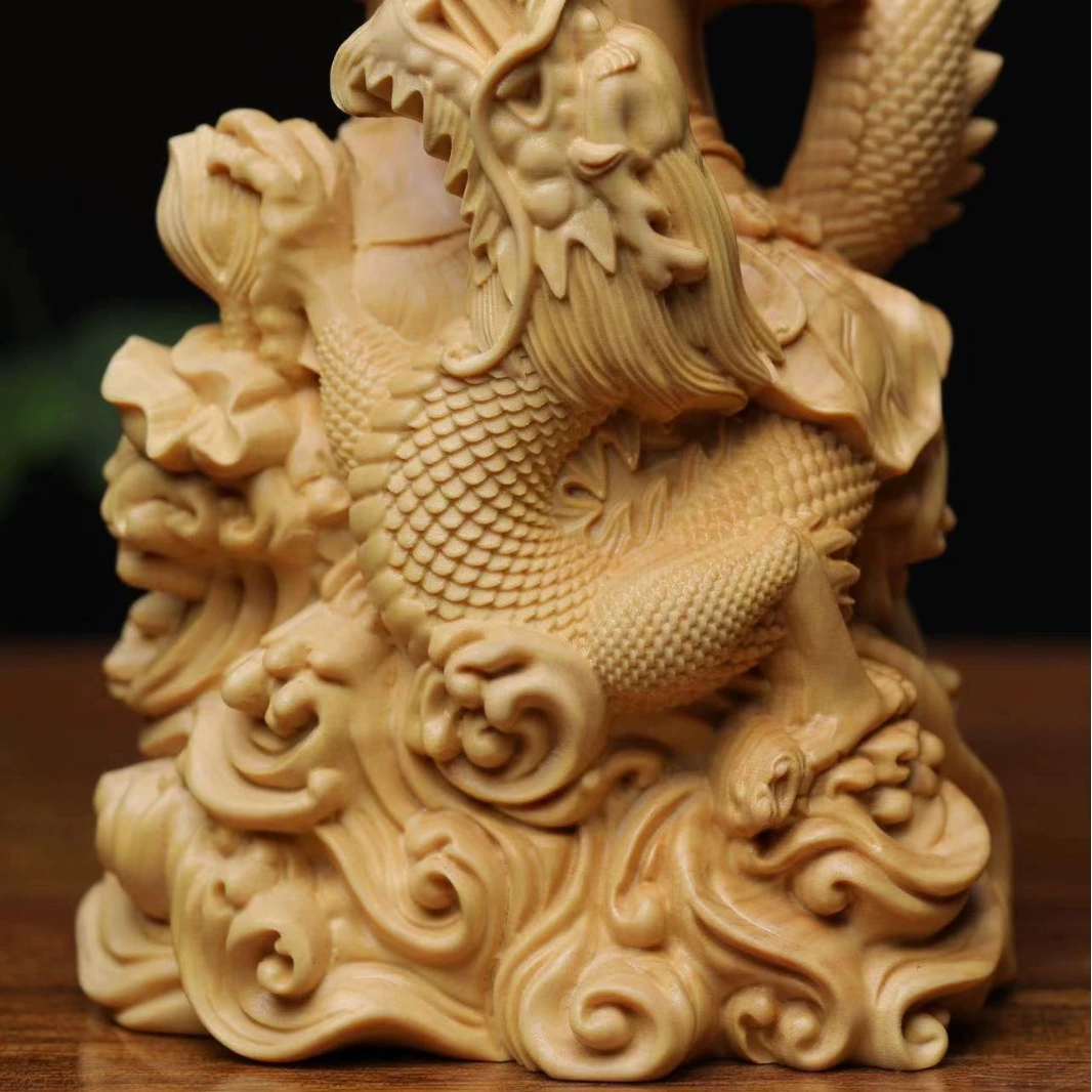 Authentic Chinese Boxwood Yew Wood Carving Dragon Guanyin Figurine, Solid Wood Ornamental Craft