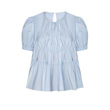 UR&DC2024夏季新款时尚多巴胺娃娃衫短袖罩衫圆领褶皱衬衫女上衣