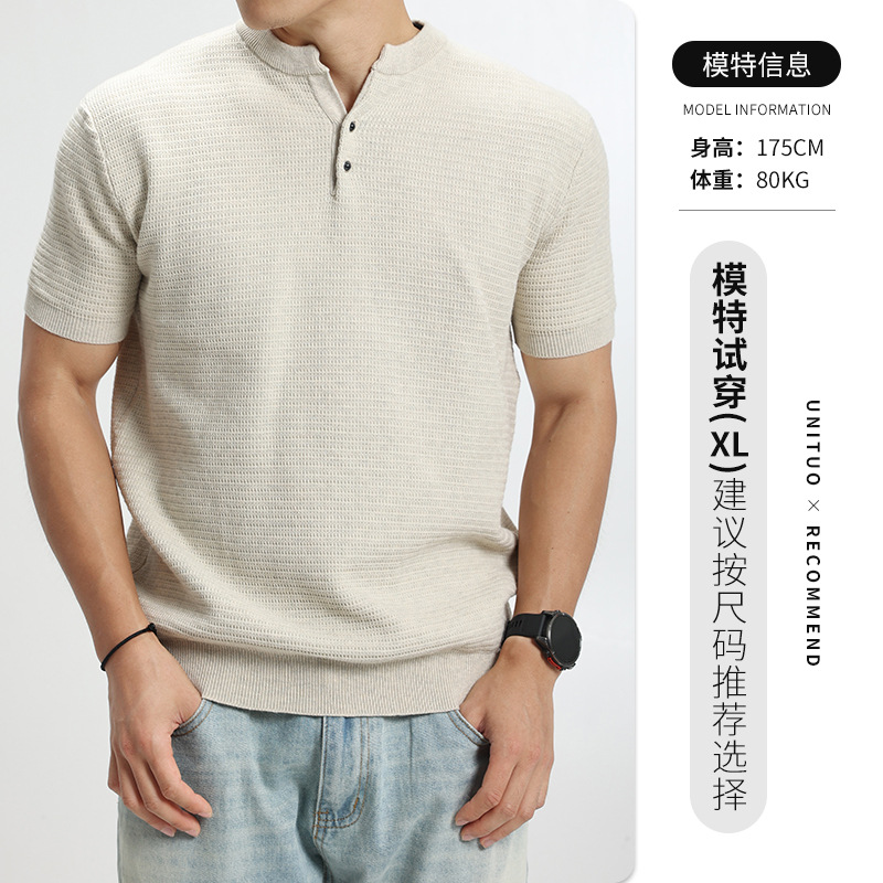 Cross-border hombre lujoso ligero Vogue punto de manga corta Henry cuello botón media manga camiseta de alta calidad europea y americana ropa de hombre