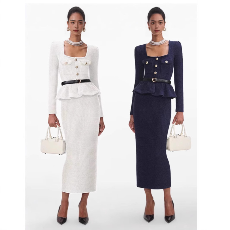 SP Fake Two-piece Knitted dress 2025 Early Spring New French Style Navy Blue/Ivory White Square Collar Midi Dress