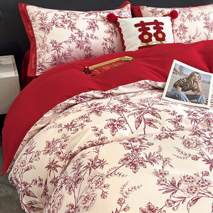 Red Wedding Bed Four-Piece Set, Festive Wedding Quilt Cover, New Wedding Bed Sheetss, Fitted Bed Sheetss, Wedding Light Luxury Classy Bedding