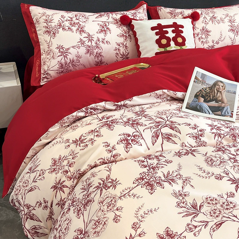 Красный свадебный комплект из четырех предметов, праздничный свадебный пододеяльник, новые свадебные простыни, простыни на подкладке, свадебное легкое роскошное классное постельное белье