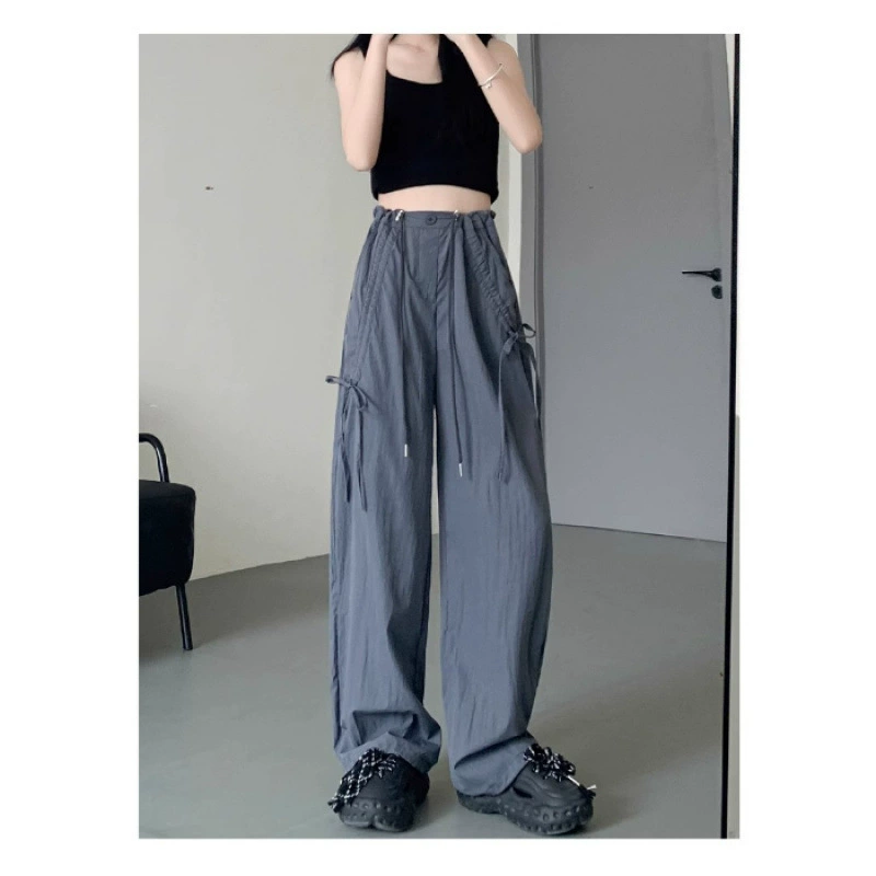 [Оригинальный метод] Женские летние тонкие брюки-карго с высокой талией в американском стиле, утягивающие повседневные брюки-карго с бантом на шнурке