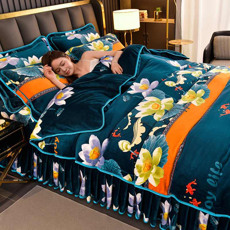 冬季牛奶绒四件套加厚保暖加绒床裙款4件套法兰绒被套学生三件套