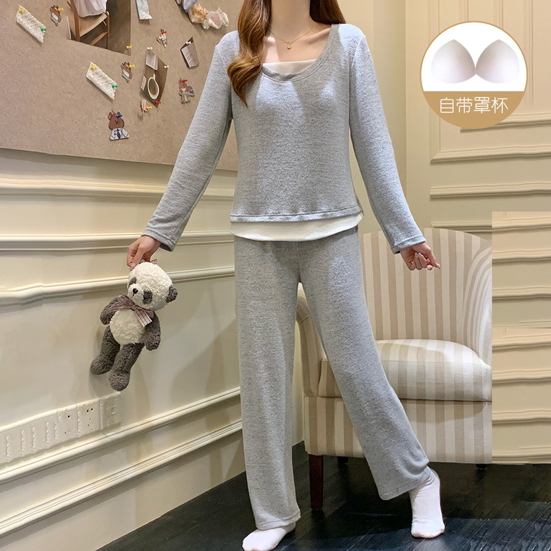 Cashmere Pajamas for Women in Autumn and Winter Cardigan Stripesd Long-Sleeved Pants Home Clothes Fixed Chest Pad Can Be Worn Outside Simple Suit