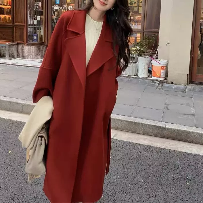 高级感羊毛羊绒双面大衣秋冬新款系带西装领大衣长款羊毛呢外套女