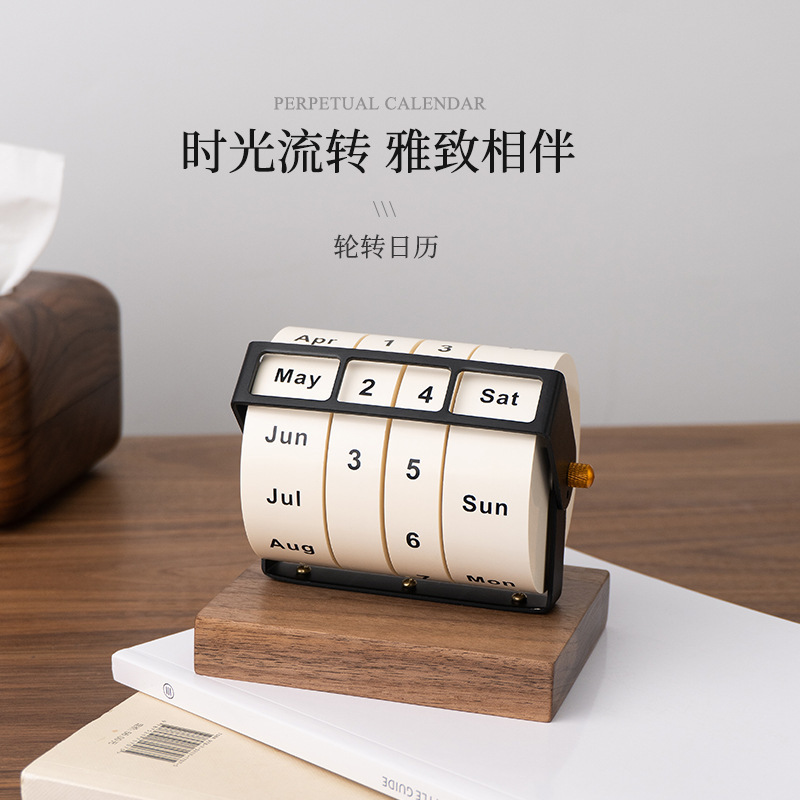 Black Walnut Wooden Perpetual Calendar with Solid Wood Base, New Calendar Desktop Ornament, Creative Gift