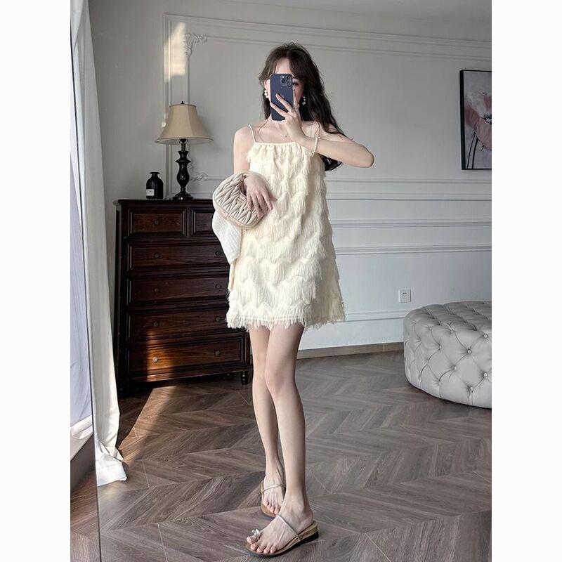 Feather Dress, Slim-Fitting and Flattering, Coming-Of-Age Ceremony Suspender Dress, Elegant Little White Dress, Tassel Dress