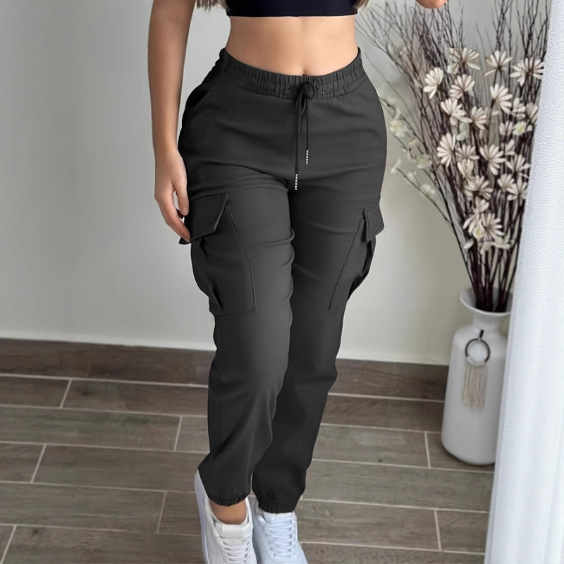 European and American Amazon Cross-Border Popular Fashion Versatile Solid Color Simple Pocket Elastic Waist Drawstring Cargo Pants
