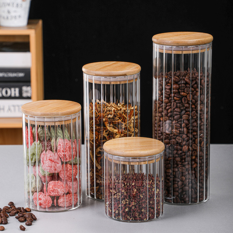 Taza de té con cubierta de bambú multiespecificación vidrio de alto silicio de silicio simple para almacenar granos de granos de cocina doméstica tanque de almacenamiento sellado