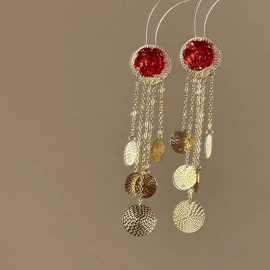 2025新款老钱风金色圆片流苏耳环女 夏天轻奢高级感耳钉百搭耳饰